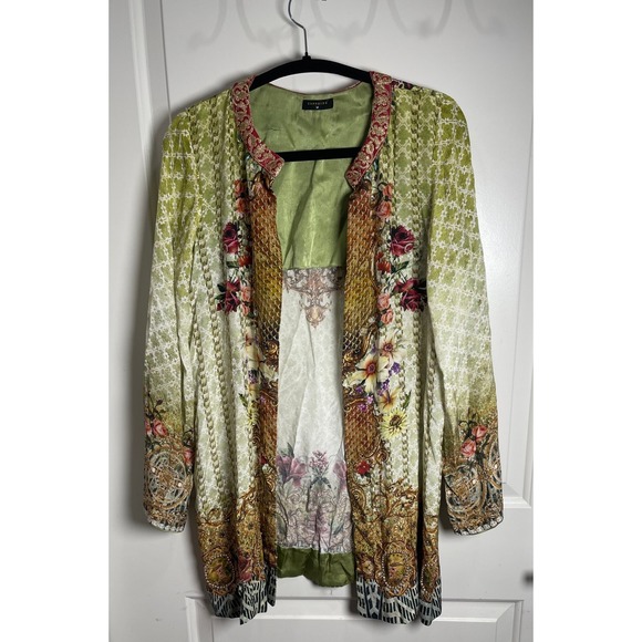 Sapphire Silk Floral Print Long Sleeve Duster Kimono Jacket Medium Boho Festival - Picture 1 of 11